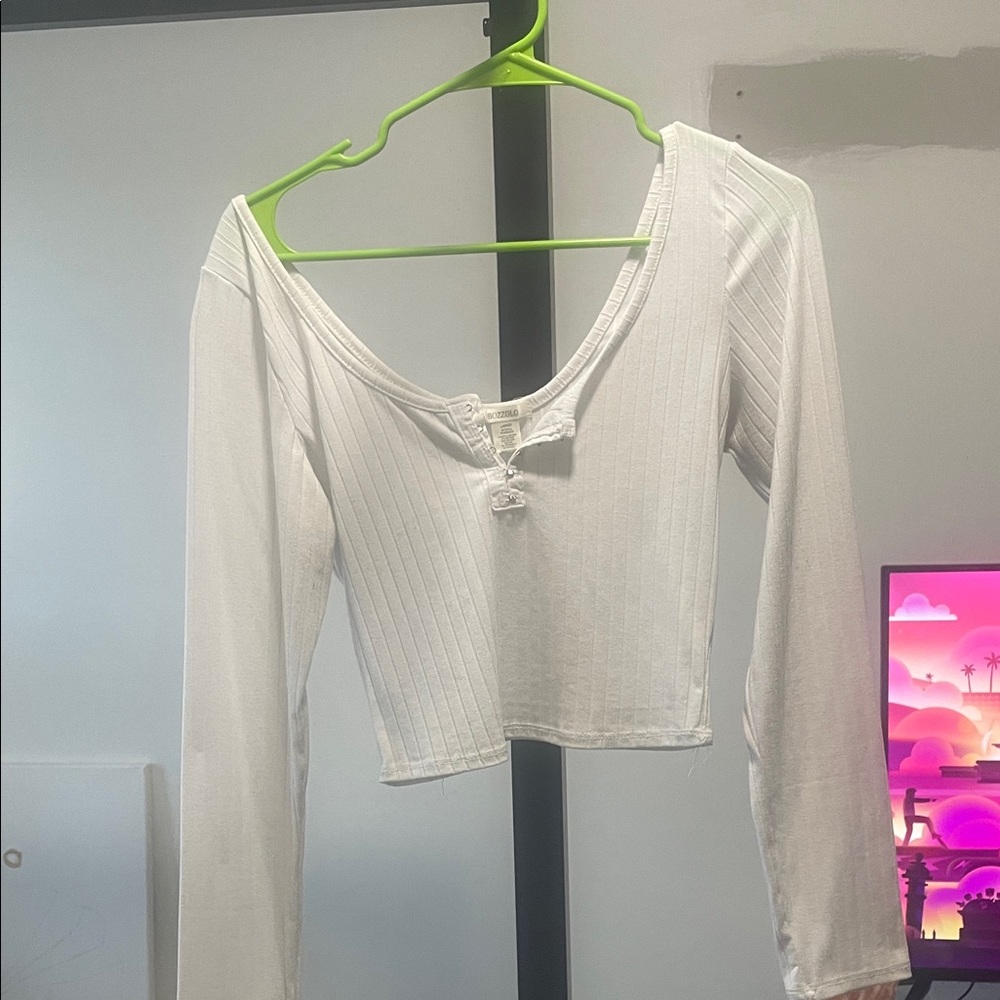 White Ribbed Long Sleeve Crop Top